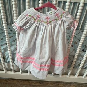 White Smocked Cross details Baby Dress with Pink Trim